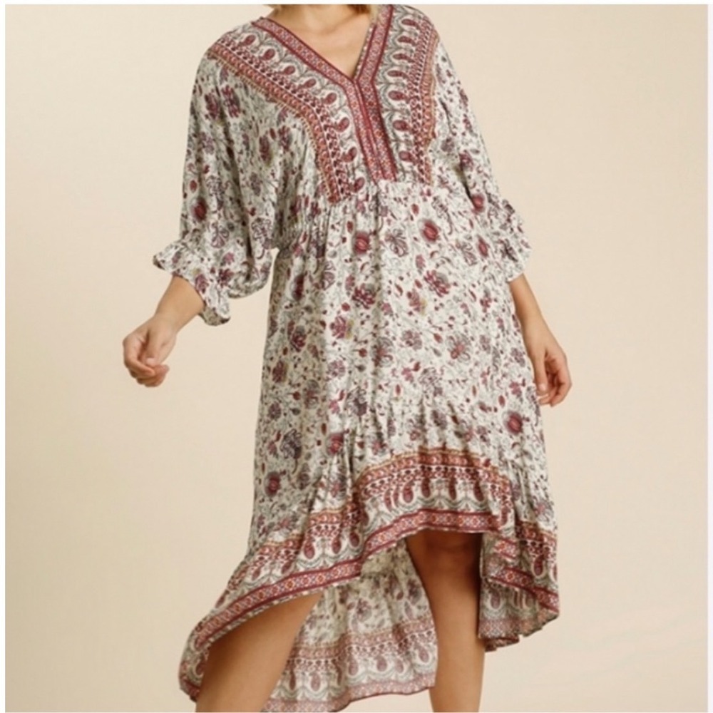 Umgee High Low Dress Womens Large Cream Red Floral Paisley Boho V-Neck A6090